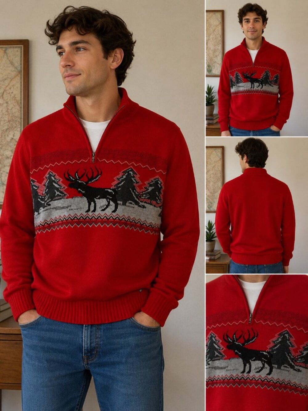 Chaps XXL Red Moose Deer Mountain Fair Isle Quarter Zip Sweater 100% Cotton